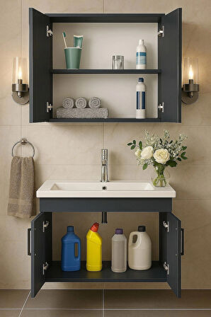 Liventa 65 cm Antrasit Renkli, Seramik Lavabolu, Mdf Banyo Dolabı Takımı