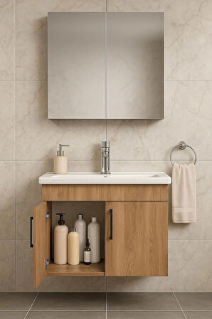 Liventa 65 cm Ahşap Renkli, Seramik Lavabolu, Mdf Banyo Dolabı Takımı
