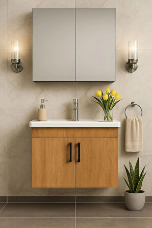 Liventa 65 cm Ahşap Renkli, Seramik Lavabolu, Mdf Banyo Dolabı Takımı