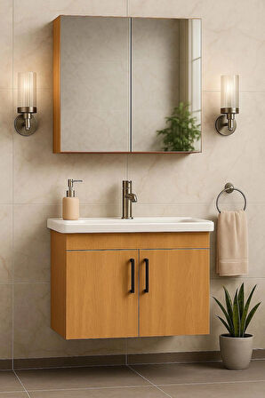 Liventa 65 cm Ahşap Renkli, Seramik Lavabolu, Mdf Banyo Dolabı Takımı