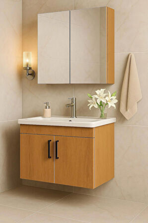 Liventa 65 cm Ahşap Renkli, Seramik Lavabolu, Mdf Banyo Dolabı Takımı