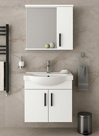 Lacrime 65 cm Beyaz Renkli Mdf, Oval Seramik Lavabolu, Alt ve Üst Dolaplı, Üst Dolap Aynalı, Banyo Dolabı Takımı
