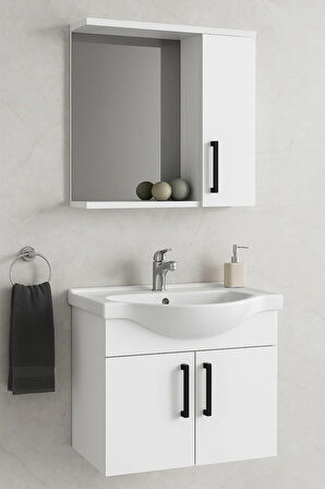 Lacrime 65 cm Beyaz Renkli Mdf, Oval Seramik Lavabolu, Alt ve Üst Dolaplı, Üst Dolap Aynalı, Banyo Dolabı Takımı
