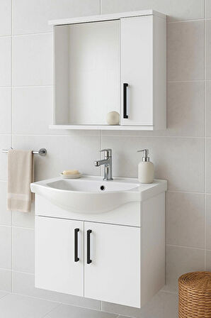 Lacrime 65 cm Beyaz Renkli Mdf, Oval Seramik Lavabolu, Alt ve Üst Dolaplı, Üst Dolap Aynalı, Banyo Dolabı Takımı