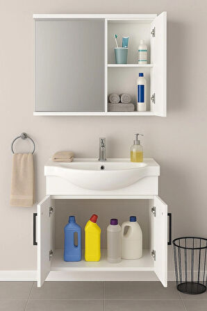 Lacrime 65 cm Beyaz Renkli Mdf, Oval Seramik Lavabolu, Alt ve Üst Dolaplı, Üst Dolap Aynalı, Banyo Dolabı Takımı