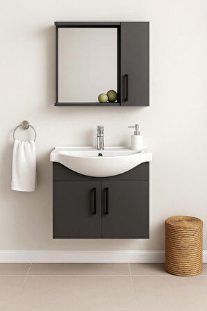 Lacrime 65 cm Antrasit Renkli Mdf, Oval Seramik Lavabolu, Alt ve Üst Dolaplı, Banyo Dolabı Takımı