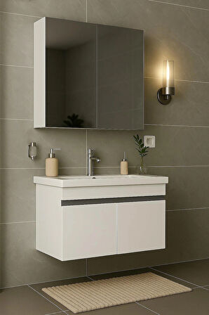 Arista 80CM Beyaz Renkli Mdf, Seramik Lavabolu, Alt ve Üst  Dolaplı, Üst Aynalı, Banyo Dolabı Takımı