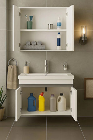 Arista 80CM Beyaz Renkli Mdf, Seramik Lavabolu, Alt ve Üst  Dolaplı, Üst Aynalı, Banyo Dolabı Takımı