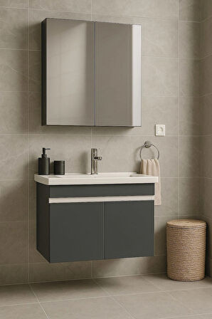 Arista 80 Cm Antrasit Renkli Mdf, Seramik Lavabolu, Alt Ve Üst Dolaplı, Banyo Dolabı Takımı