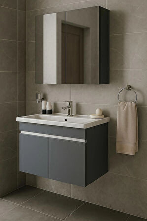 Arista 80 Cm Antrasit Renkli Mdf, Seramik Lavabolu, Alt Ve Üst Dolaplı, Banyo Dolabı Takımı