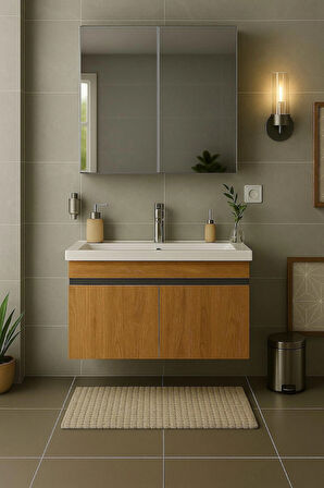 Arista 80 cm Ahşap MDF Seramik Lavabolu Banyo Dolabı Takımı – Alt & Üst Dolaplı, Aynalı