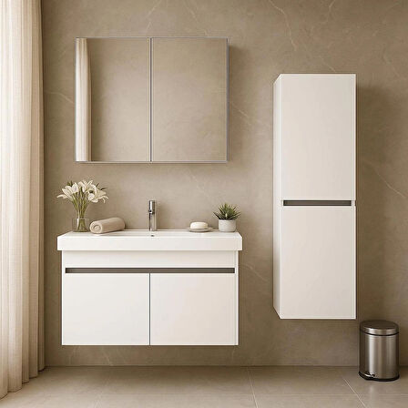 Arista 80 cm Beyaz Renkli Mdf, Seramik Lavabolu, Alt - Üst ve Boy Dolaplı, Banyo Dolabı Seti