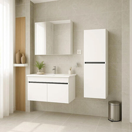 Arista 80 cm Beyaz Renkli Mdf, Seramik Lavabolu, Alt - Üst ve Boy Dolaplı, Banyo Dolabı Seti