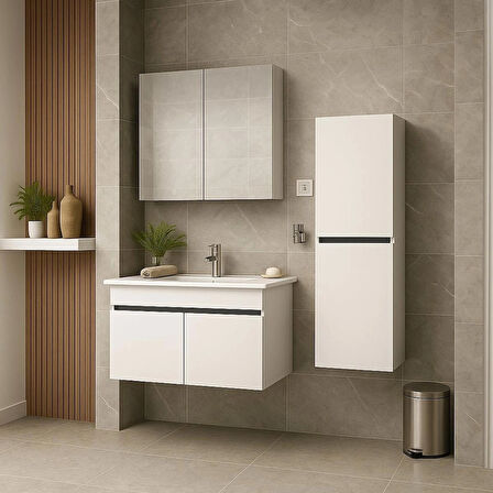 Arista 80 cm Beyaz Renkli Mdf, Seramik Lavabolu, Alt - Üst ve Boy Dolaplı, Banyo Dolabı Seti