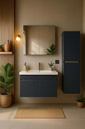 Arista 80 cm Antrasit Banyo Dolabı Seti – Alt, Üst ve Boy Dolaplı -Tamamı MDF – Aynalı – Seramik Lavabolu