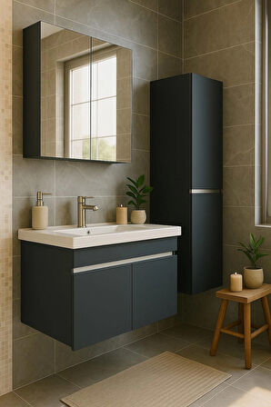 Arista 80 cm Antrasit Banyo Dolabı Seti – Alt, Üst ve Boy Dolaplı -Tamamı MDF – Aynalı – Seramik Lavabolu