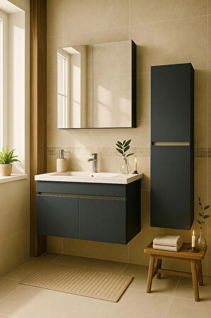Arista 80 cm Antrasit Banyo Dolabı Seti – Alt, Üst ve Boy Dolaplı -Tamamı MDF – Aynalı – Seramik Lavabolu