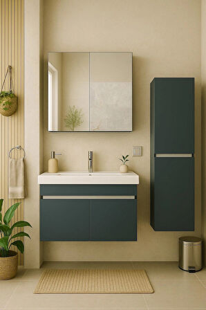 Arista 80 cm Antrasit Banyo Dolabı Seti – Alt, Üst ve Boy Dolaplı -Tamamı MDF – Aynalı – Seramik Lavabolu
