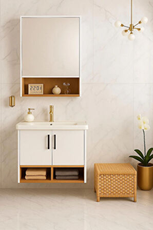 Legna 65 cm Banyo Dolabı Takımı – Beyaz & Ahşap – MDF – Seramik Lavabolu – Alt ve Üst Dolap