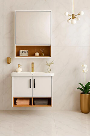 Legna 65 cm Banyo Dolabı Takımı – Beyaz & Ahşap – MDF – Seramik Lavabolu – Alt ve Üst Dolap