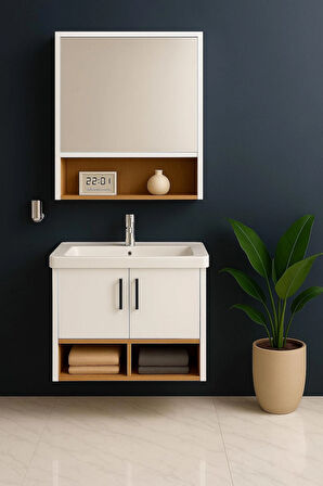 Legna 65 cm Banyo Dolabı Takımı – Beyaz & Ahşap – MDF – Seramik Lavabolu – Alt ve Üst Dolap
