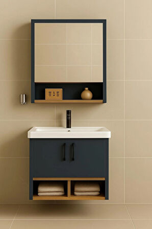 Legna 65 cm Banyo Dolabı Takımı – Antrasit & Ahşap – MDF – Seramik Lavabolu – Alt ve Üst Dolaplı