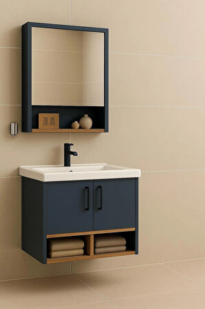 Legna 65 cm Banyo Dolabı Takımı – Antrasit & Ahşap – MDF – Seramik Lavabolu – Alt ve Üst Dolaplı