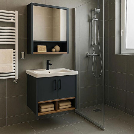 Legna 65 cm Banyo Dolabı Takımı – Antrasit & Ahşap – MDF – Seramik Lavabolu – Alt ve Üst Dolaplı