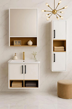 Legna 65 cm Beyaz-Ahşap Renkli Mdf, Seramik Lavabolu Alt - Üst ve Boy Dolaplı Banyo Dolabı Seti