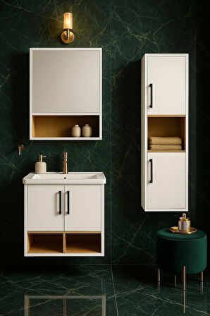 Legna 65 cm Beyaz-Ahşap Renkli Mdf, Seramik Lavabolu Alt - Üst ve Boy Dolaplı Banyo Dolabı Seti