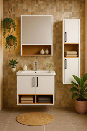 Legna 65 cm Beyaz-Ahşap Renkli Mdf, Seramik Lavabolu Alt - Üst ve Boy Dolaplı Banyo Dolabı Seti