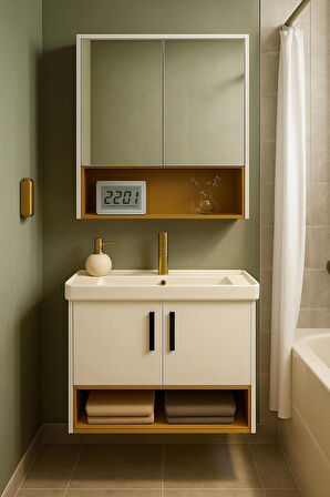 Legna 80 cm Beyaz & Ahşap Renkli– Alt ve Üst Dolap (Lavabo Dahil)- Banyo Dolabı Takımı