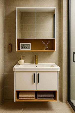 Legna 80 cm Beyaz & Ahşap Renkli– Alt ve Üst Dolap (Lavabo Dahil)- Banyo Dolabı Takımı