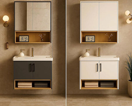 Legna 80 cm Antrasit & Ahşap renkli -  Alt ve Üst Dolap (Lavabo Dahil) - Banyo Dolabı Takımı