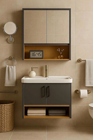 Legna 80 cm Antrasit & Ahşap renkli -  Alt ve Üst Dolap (Lavabo Dahil) - Banyo Dolabı Takımı