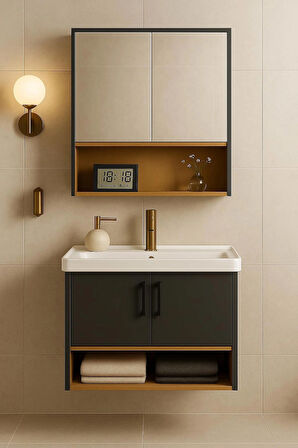 Legna 80 cm Antrasit & Ahşap renkli -  Alt ve Üst Dolap (Lavabo Dahil) - Banyo Dolabı Takımı