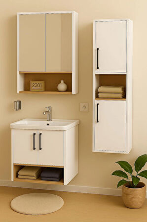 Legna 80 cm Beyaz-Ahşap Renkli, Seramik Lavabolu, Alt - Üst ve Boy Dolaplı Mdf Banyo Dolabı Seti