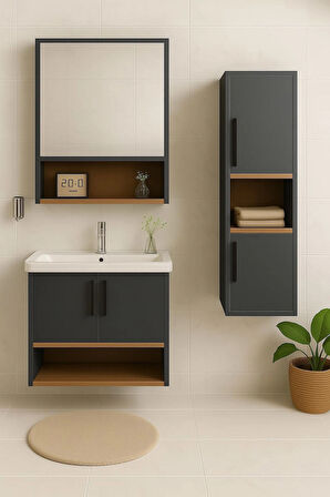 Legna 80 cm Antrasit-Ahşap Renkli, Seramik Lavabolu, Alt - Üst ve Boy Dolaplı Tamamı MDF Banyo Dolabı Seti