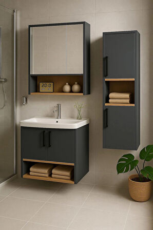 Legna 80 cm Antrasit-Ahşap Renkli, Seramik Lavabolu, Alt - Üst ve Boy Dolaplı Tamamı MDF Banyo Dolabı Seti