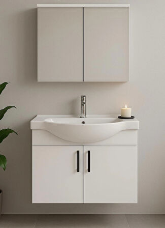 Nova 80 cm %100 MDF Beyaz Renkli, Oval Seramik Lavabolu, Alt ve Üst Modüllü, Banyo Dolabı Takımı