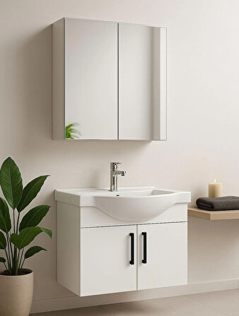 Nova 80 cm %100 MDF Beyaz Renkli, Oval Seramik Lavabolu, Alt ve Üst Modüllü, Banyo Dolabı Takımı