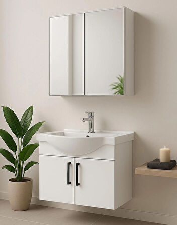 Nova 80 cm %100 MDF Beyaz Renkli, Oval Seramik Lavabolu, Alt ve Üst Modüllü, Banyo Dolabı Takımı