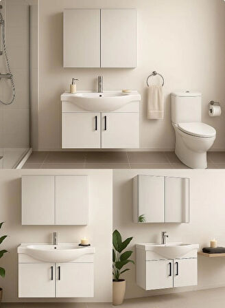 Nova 80 cm %100 MDF Beyaz Renkli, Oval Seramik Lavabolu, Alt ve Üst Modüllü, Banyo Dolabı Takımı