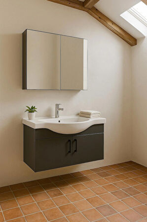 Nova 80 cm %100 Mdf Antrasit Renkli, Oval Seramik Lavabolu, Alt- Üst Dolap Banyo Dolabı Takımı