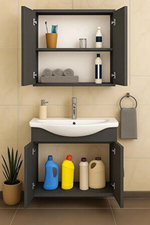 Nova 80 cm %100 Mdf Antrasit Renkli, Oval Seramik Lavabolu, Alt- Üst Dolap Banyo Dolabı Takımı
