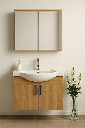 Nova 80 cm %100 Mdf Ahşap Renkli, Oval Seramik Lavabolu, Alt ve Üst Dolaplı, Banyo Dolabı Takımı
