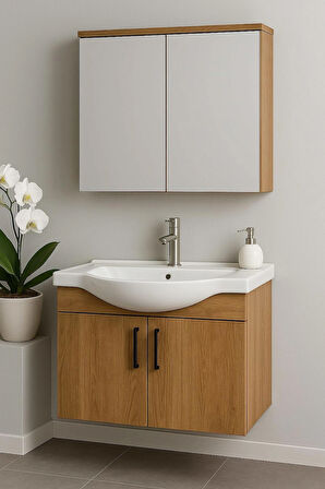 Nova 80 cm %100 Mdf Ahşap Renkli, Oval Seramik Lavabolu, Alt ve Üst Dolaplı, Banyo Dolabı Takımı