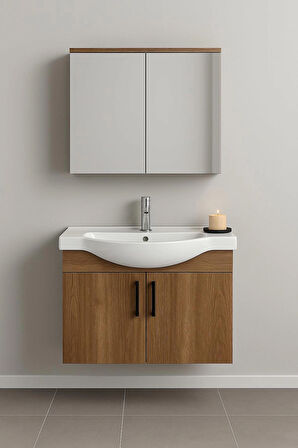 Nova 80 cm %100 Mdf Ahşap Renkli, Oval Seramik Lavabolu, Alt ve Üst Dolaplı, Banyo Dolabı Takımı