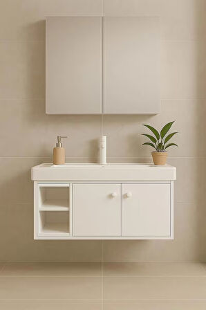 Lumina 85 cm, Beyaz renkli, Seramik Lavabolu, Alt - Üst Dolap, Banyo Dolabı Takımı.