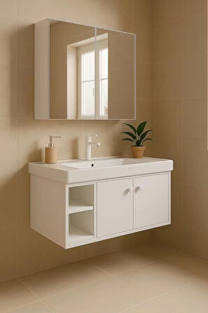 Lumina 85 cm, Beyaz renkli, Seramik Lavabolu, Alt - Üst Dolap, Banyo Dolabı Takımı.